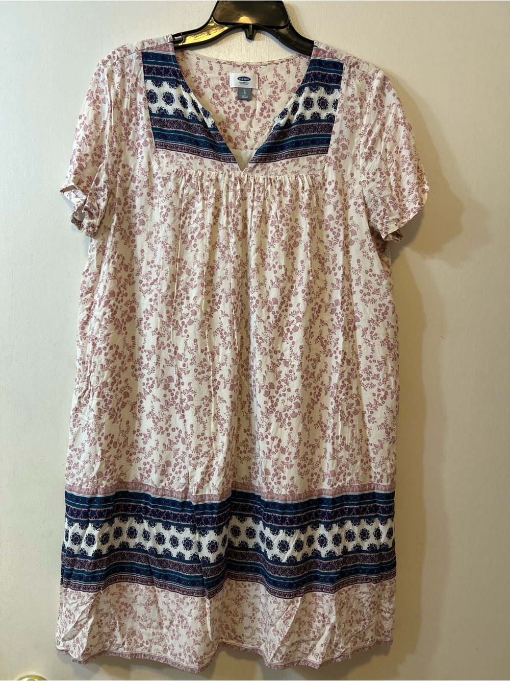 Old Navy Cream Midi Dress with Pink Floral and Navy Trim